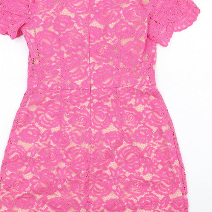 Oasis Womens Pink Floral Patent Leather A-Line Size 10 Round Neck Zip - Cold Shoulder