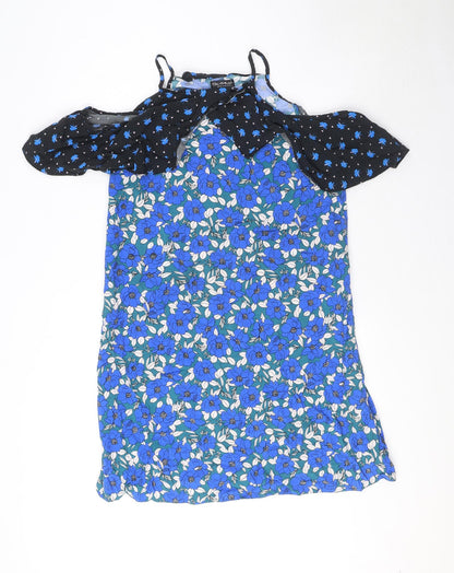 Miss Selfridge Womens Blue Floral Viscose Tank Dress Size 12 High Neck Pullover