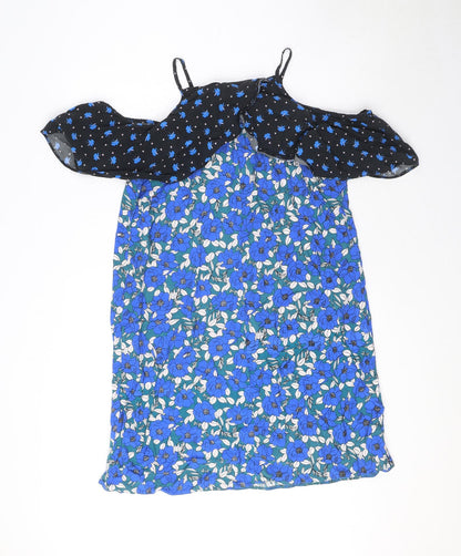 Miss Selfridge Womens Blue Floral Viscose Tank Dress Size 12 High Neck Pullover