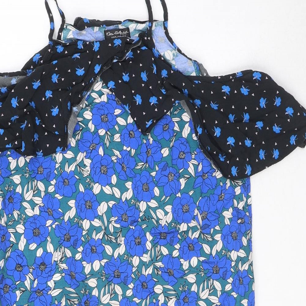 Miss Selfridge Womens Blue Floral Viscose Tank Dress Size 12 High Neck Pullover