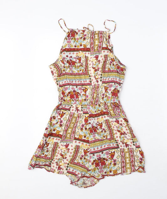 H&M Womens Multicoloured Floral Viscose Playsuit One-Piece Size 6 Tie - Elastic Waist