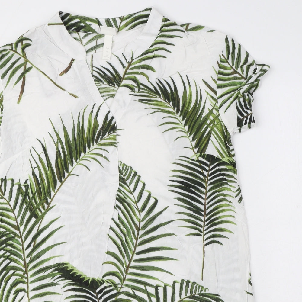 H&M Womens White Floral Viscose A-Line Size 8 V-Neck Pullover