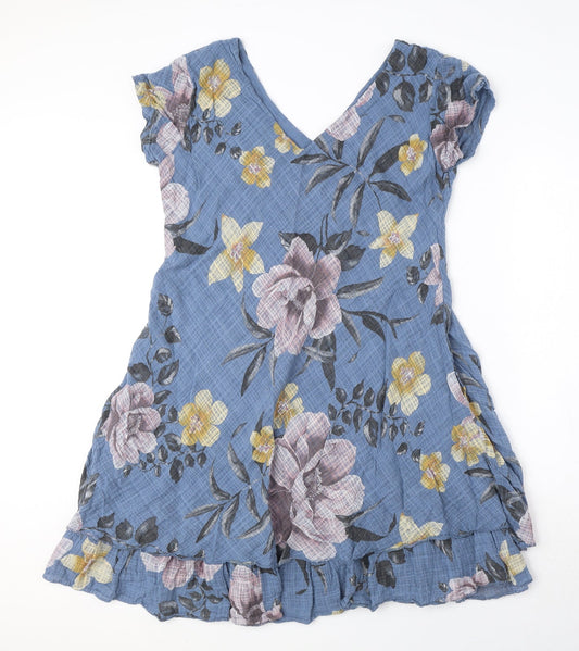 Made in Italy Womens Blue Floral Cotton A-Line Size 10 V-Neck Pullover