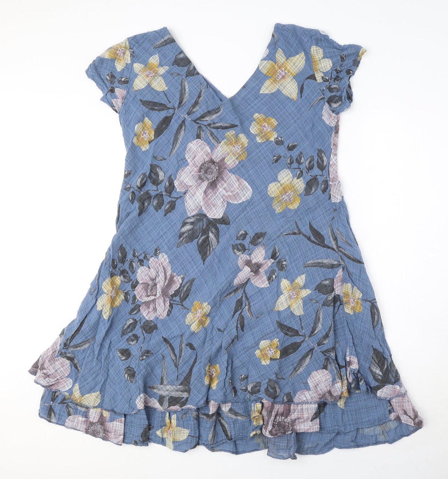 Made in Italy Womens Blue Floral Cotton A-Line Size 10 V-Neck Pullover