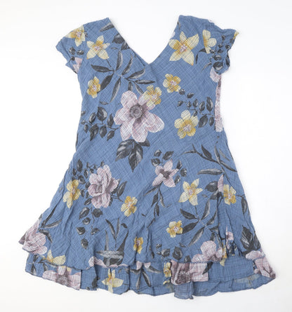 Made in Italy Womens Blue Floral Cotton A-Line Size 10 V-Neck Pullover