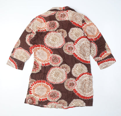 Marco Pecci Womens Brown Geometric Linen Basic Button-Up Size 10 Collared