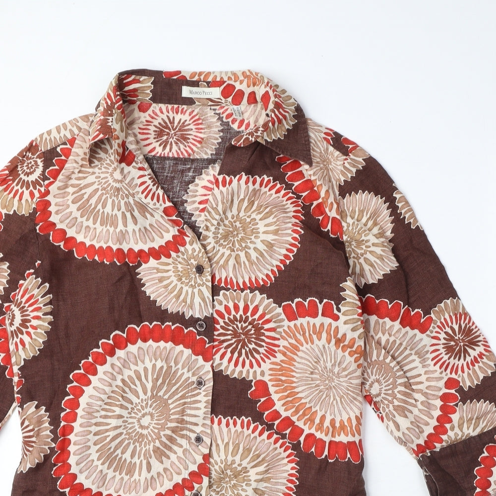 Marco Pecci Womens Brown Geometric Linen Basic Button-Up Size 10 Collared