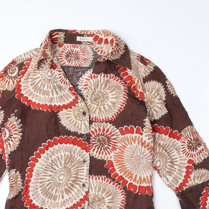 Marco Pecci Womens Brown Geometric Linen Basic Button-Up Size 10 Collared