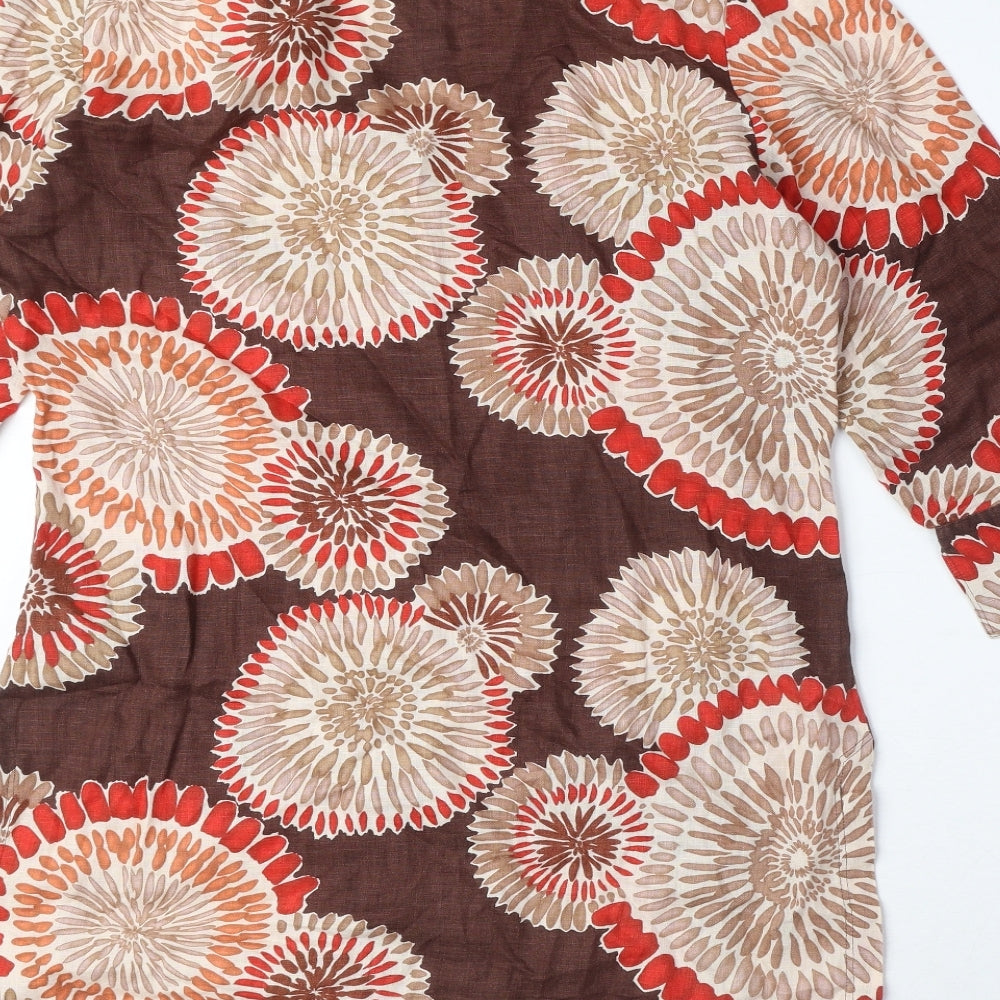 Marco Pecci Womens Brown Geometric Linen Basic Button-Up Size 10 Collared