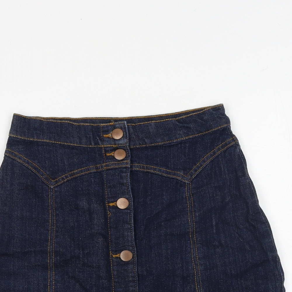H&M Womens Blue Cotton A-Line Skirt Size 4 Button