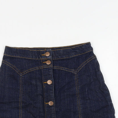 H&M Womens Blue Cotton A-Line Skirt Size 4 Button