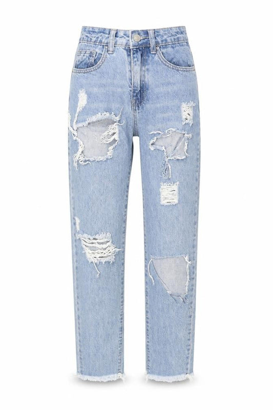 Front view of Missguided women’s blue cotton mom jeans, size UK 6, 26-inch leg regular zip