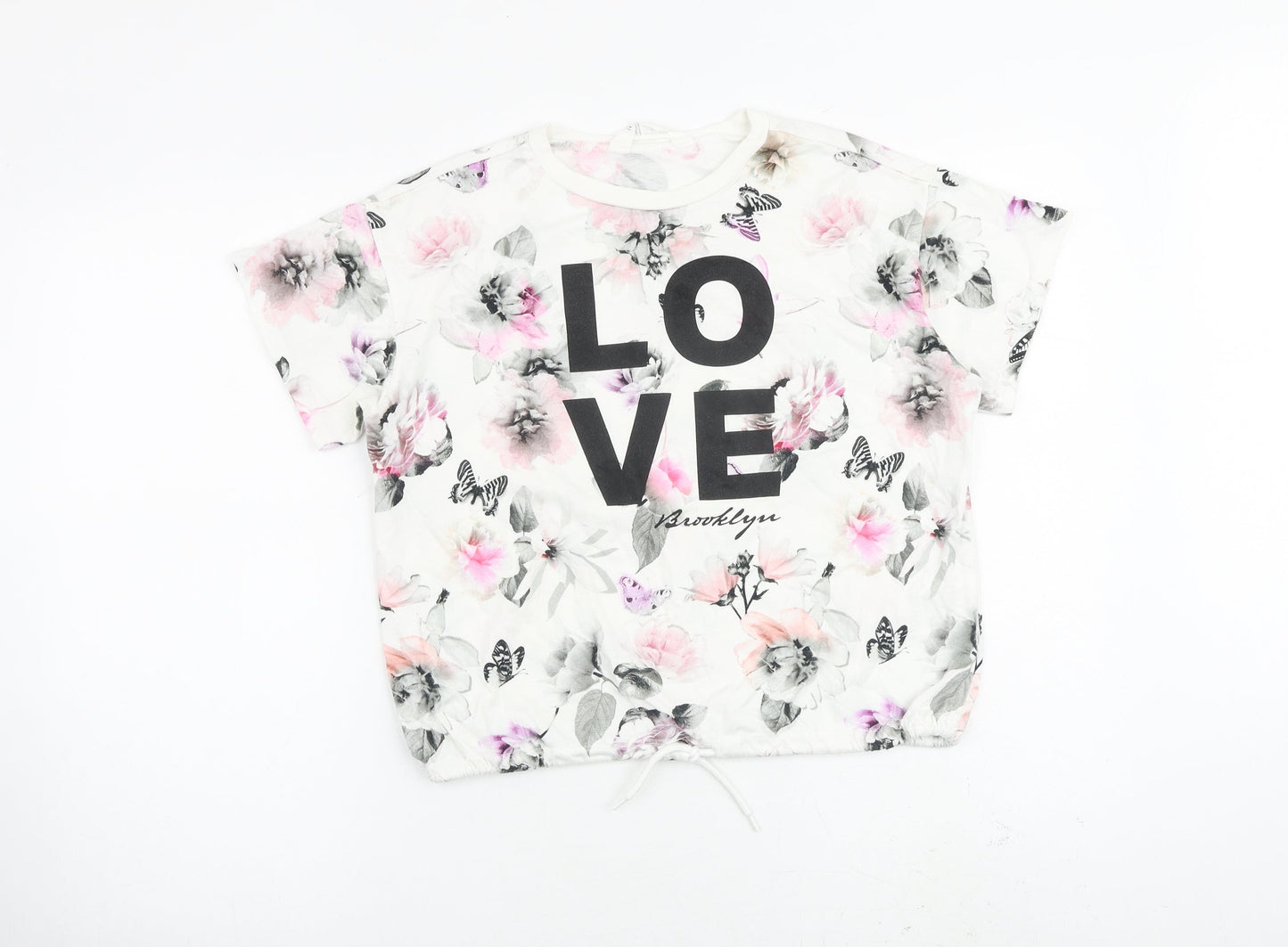 H&M Girls White Floral Cotton Basic Blouse Size 11-12 Years Crew Neck Pullover