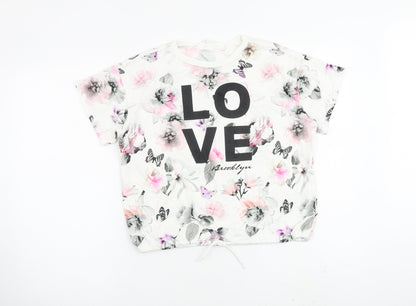 H&M Girls White Floral Cotton Basic Blouse Size 11-12 Years Crew Neck Pullover