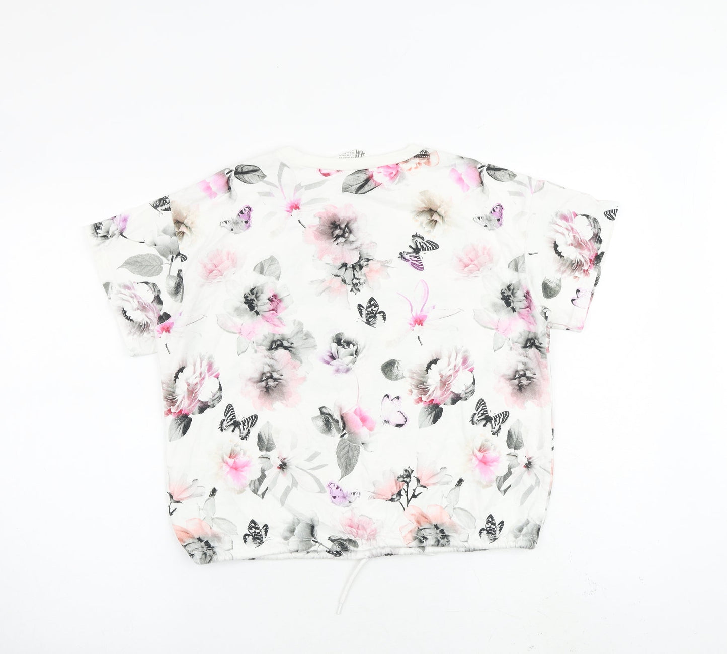 H&M Girls White Floral Cotton Basic Blouse Size 11-12 Years Crew Neck Pullover