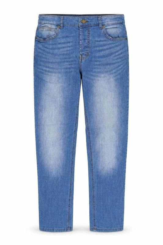 Front view of Denim & Co. men’s blue cotton straight jeans, size 34, in, 30-inch leg slim button
