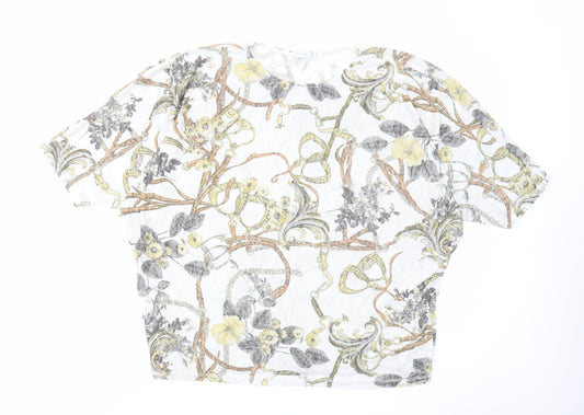 Blue Vanilla Womens White Floral Polyester Cropped Blouse Size S Round Neck