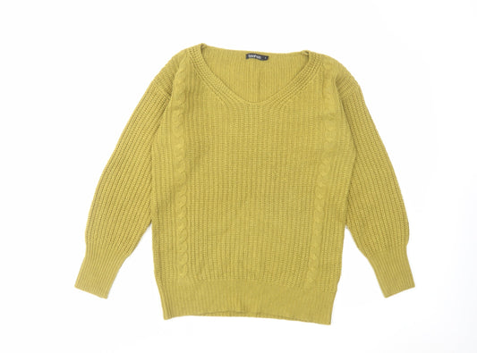 Boohoo Womens Green V-Neck Acrylic Pullover Jumper Size S