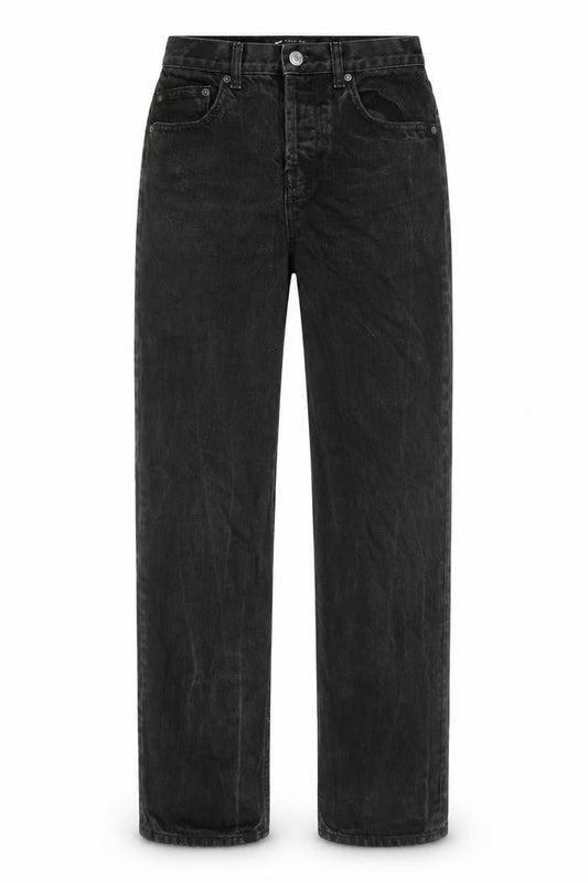 Front view of ASOS women’s black cotton straight jeans, size UK 26, in, 32-inch leg regular button