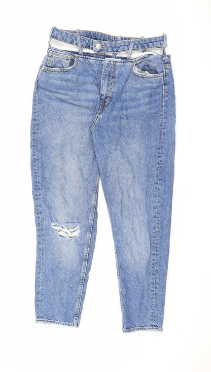 Bershka Womens Blue Cotton Boyfriend Jeans Size 10 L26 in Regular Zip - Cut Out Detail
