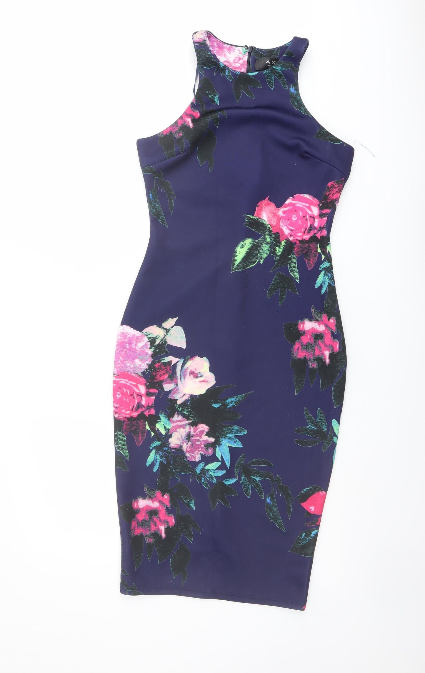 AX Paris Womens Blue Floral Polyester Bodycon Size 10 Round Neck Zip