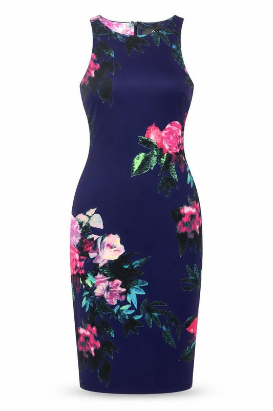AX Paris Womens Blue Floral Polyester Bodycon Size 10 Round Neck Zip