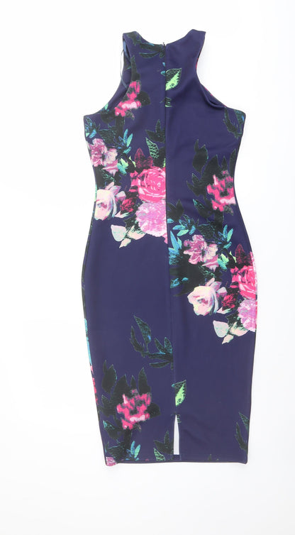 AX Paris Womens Blue Floral Polyester Bodycon Size 10 Round Neck Zip