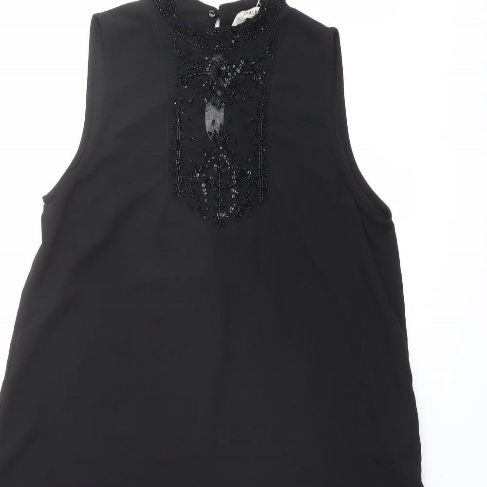 Zara Womens Black Polyester Shift Size XS Mock Neck Button - Mesh Detail