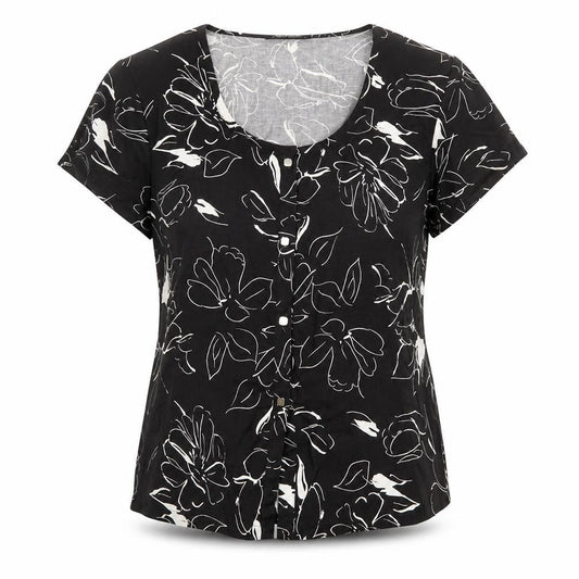 Front view of Alexara women’s black floral linen basic t-shirt, size L, round neck