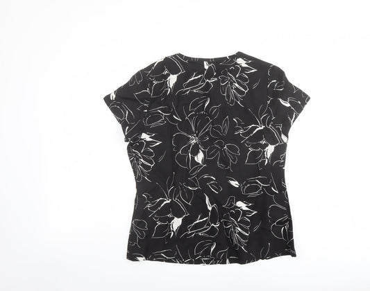 Alexara Womens Black Floral Linen Basic T-Shirt Size L Round Neck