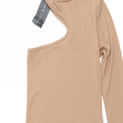New Look Womens Beige Polyester Bodycon Size 6 One Shoulder Pullover