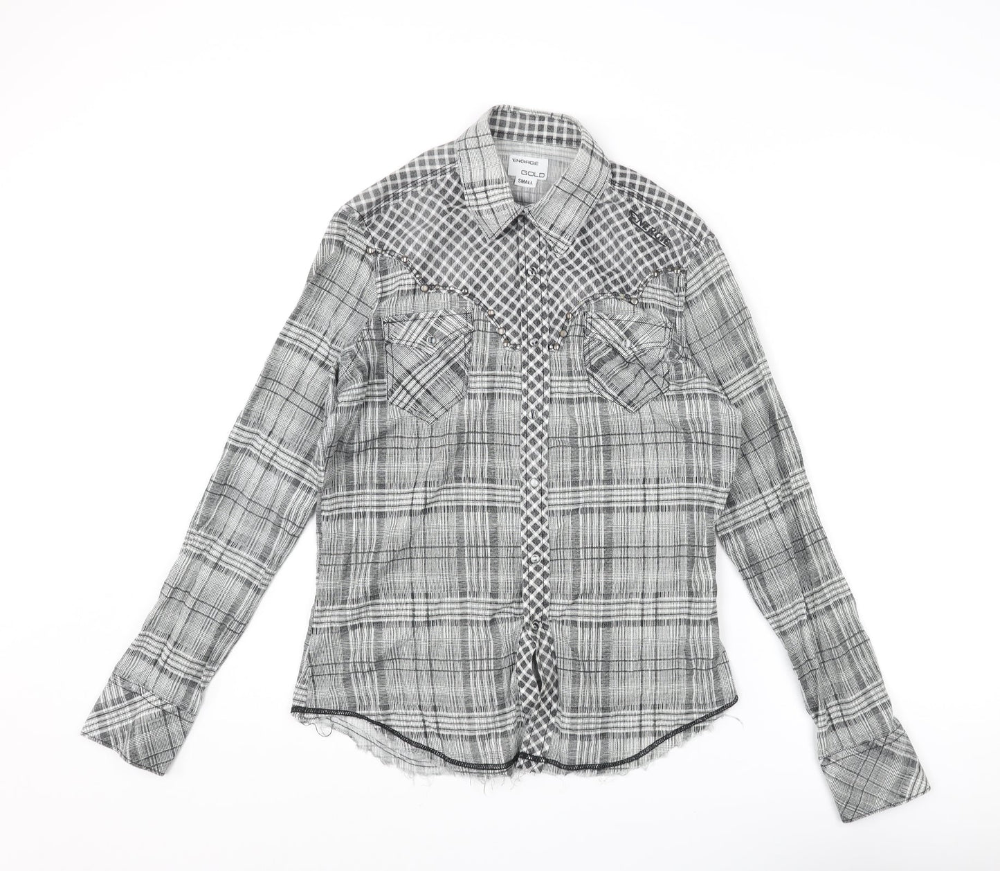 Energie Mens Grey Check Cotton Button-Up Size S Collared Snap - Raw Hem Detail