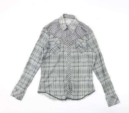 Energie Mens Grey Check Cotton Button-Up Size S Collared Snap - Raw Hem Detail