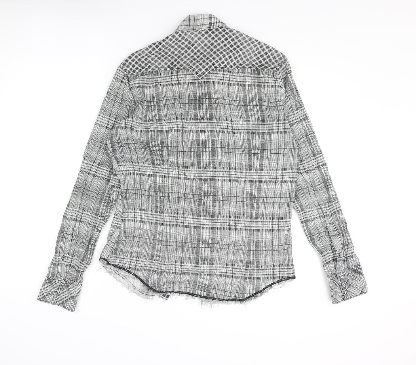 Energie Mens Grey Check Cotton Button-Up Size S Collared Snap - Raw Hem Detail