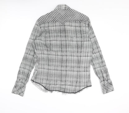 Energie Mens Grey Check Cotton Button-Up Size S Collared Snap - Raw Hem Detail