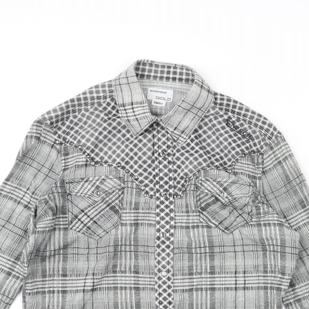 Energie Mens Grey Check Cotton Button-Up Size S Collared Snap - Raw Hem Detail