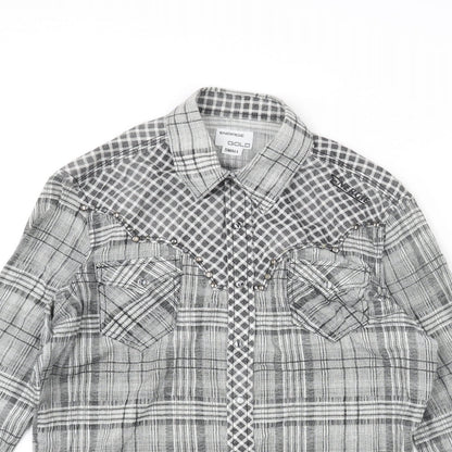 Energie Mens Grey Check Cotton Button-Up Size S Collared Snap - Raw Hem Detail
