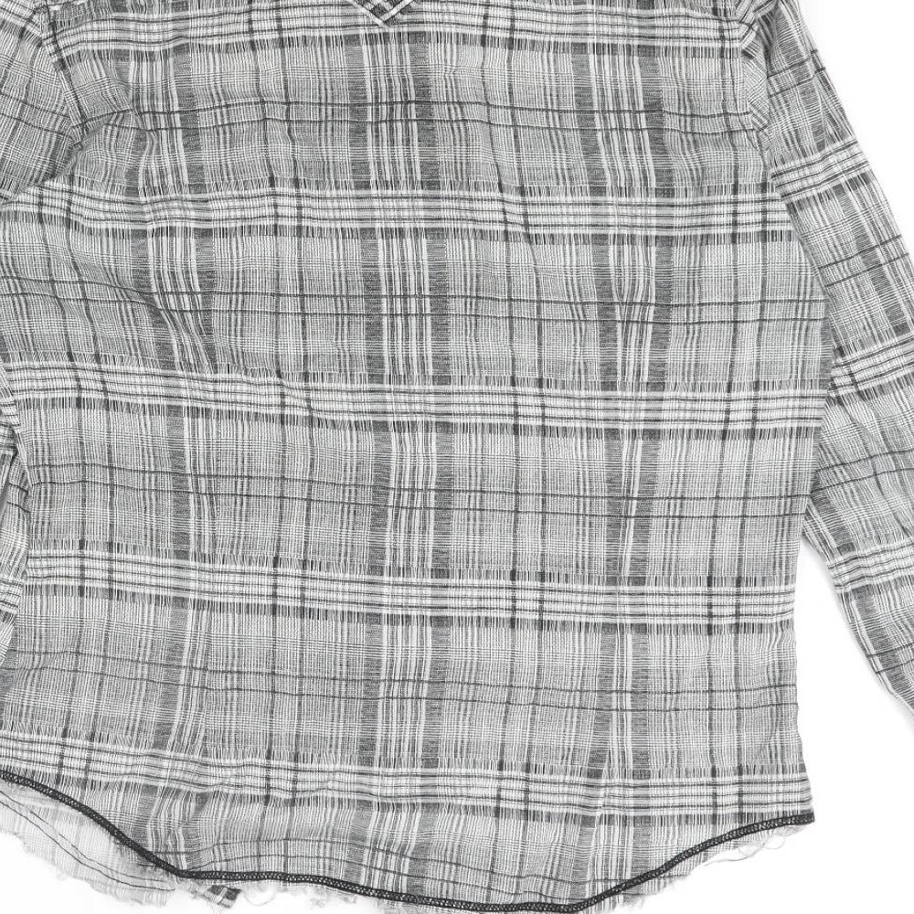 Energie Mens Grey Check Cotton Button-Up Size S Collared Snap - Raw Hem Detail