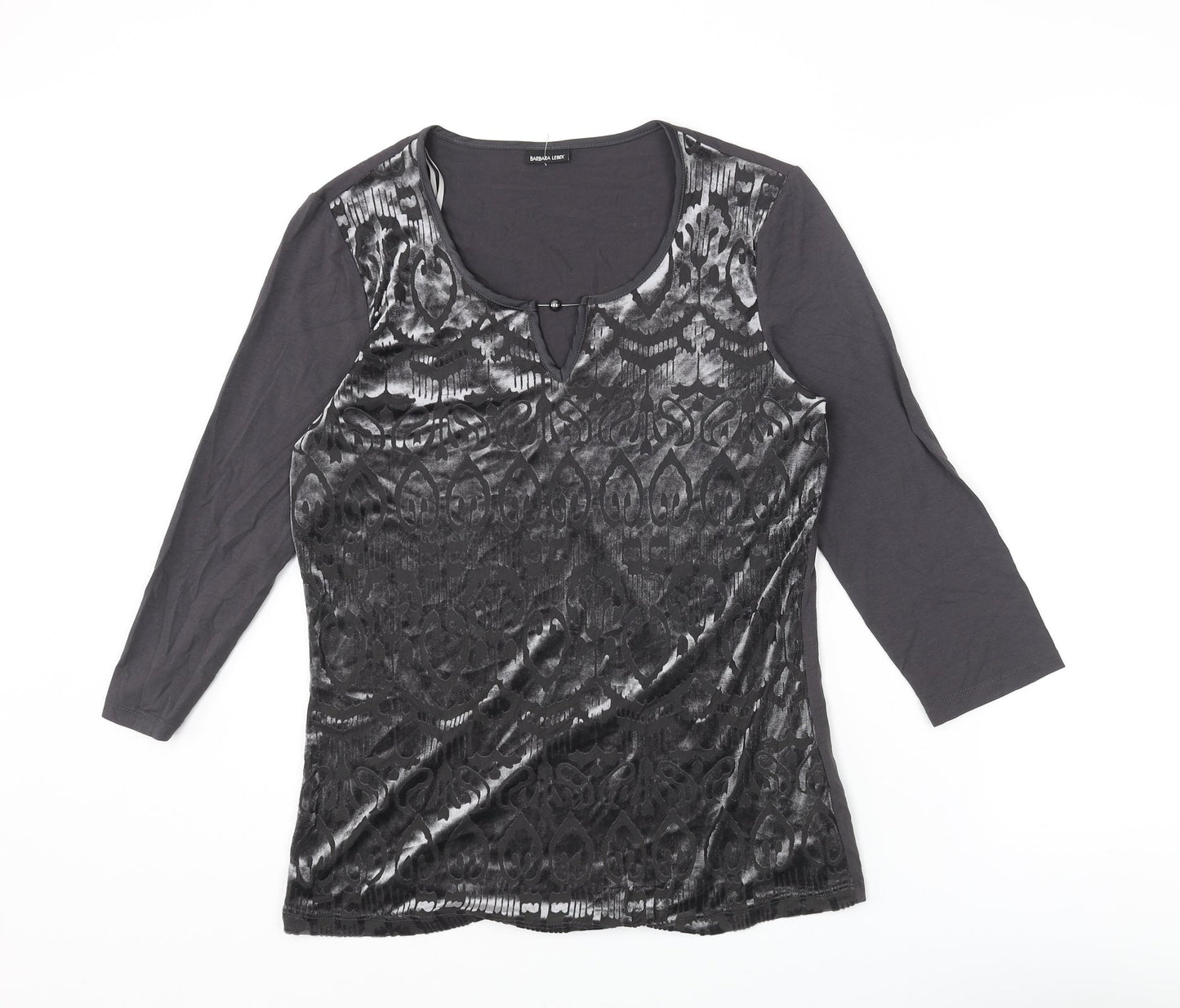 Barbara Lebek Womens Grey Geometric Viscose Basic T-Shirt Size 12 Round Neck