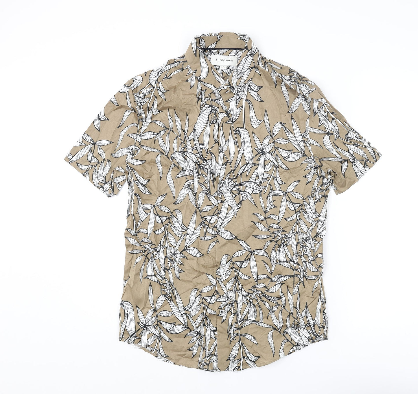 Autograph Mens Brown Geometric Cotton Button-Up Size S Collared Button - Leaf Pattern