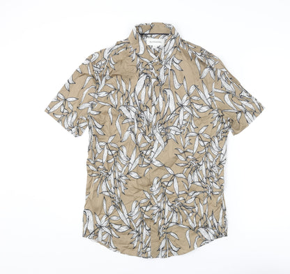 Autograph Mens Brown Geometric Cotton Button-Up Size S Collared Button - Leaf Pattern