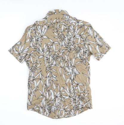 Autograph Mens Brown Geometric Cotton Button-Up Size S Collared Button - Leaf Pattern