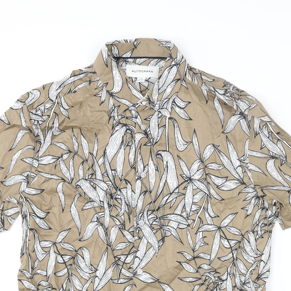 Autograph Mens Brown Geometric Cotton Button-Up Size S Collared Button - Leaf Pattern