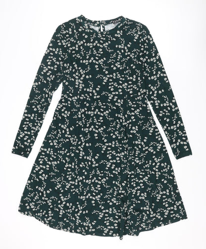 New Look Womens Green Floral Polyester Trapeze & Swing Size 8 Round Neck Button