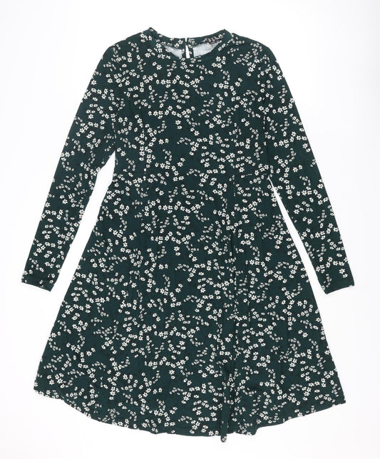 New Look Womens Green Floral Polyester Trapeze & Swing Size 8 Round Neck Button