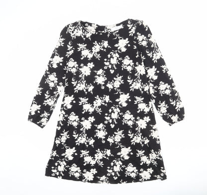 Wallis Womens Black Floral Viscose Mini Size 10 Round Neck Button