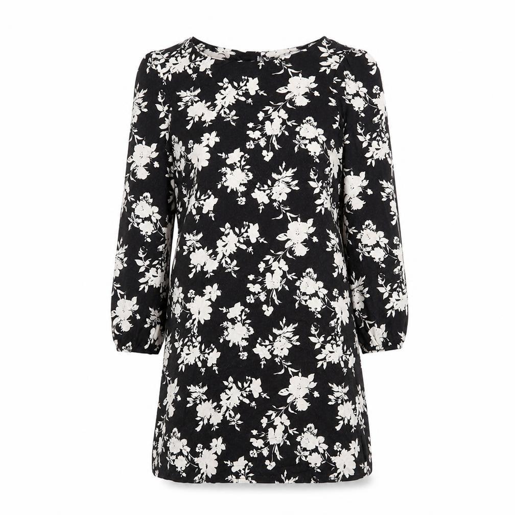 Wallis Womens Black Floral Viscose Mini Size 10 Round Neck Button