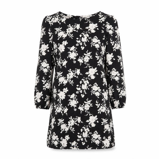 Front view of Wallis women’s black floral viscose mini, size UK 10, round neck button