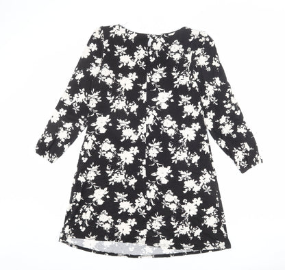 Wallis Womens Black Floral Viscose Mini Size 10 Round Neck Button