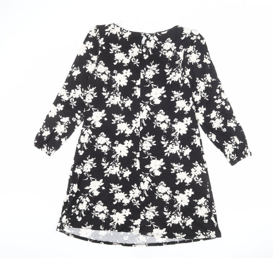 Wallis Womens Black Floral Viscose Mini Size 10 Round Neck Button